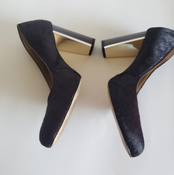 Ann Taylor Sz 8.5 Gold Heel Died Shearling Cow Hair Pumps brown Purple block - Picture 12 of 15